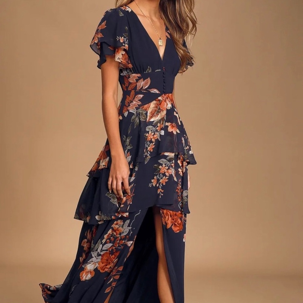 Lulus Midnight Mood Navy Blue Floral Print Tiered Maxi Dress!